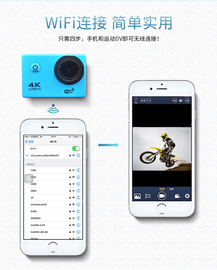 Foreign Trade Wholesale High-Definition Mini Waterproof Sports Camera Cycling Multi-Function Can Be Connected to Wifi with Remote Control Camera Anti-Shake