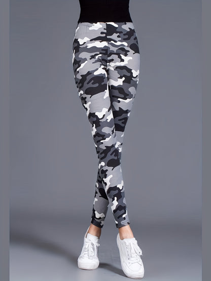 Camouflage Gray-Green Women's Casual Leggings, Cropped Length