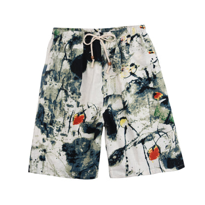 Summer new cotton and linen printed five-point men's beach pants casual sports loose plus size shorts men's thin fashion