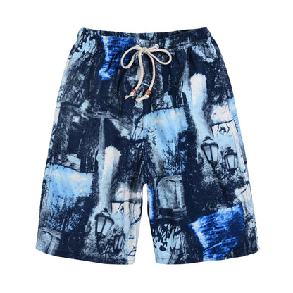 Summer new cotton and linen printed five-point men's beach pants casual sports loose plus size shorts men's thin fashion