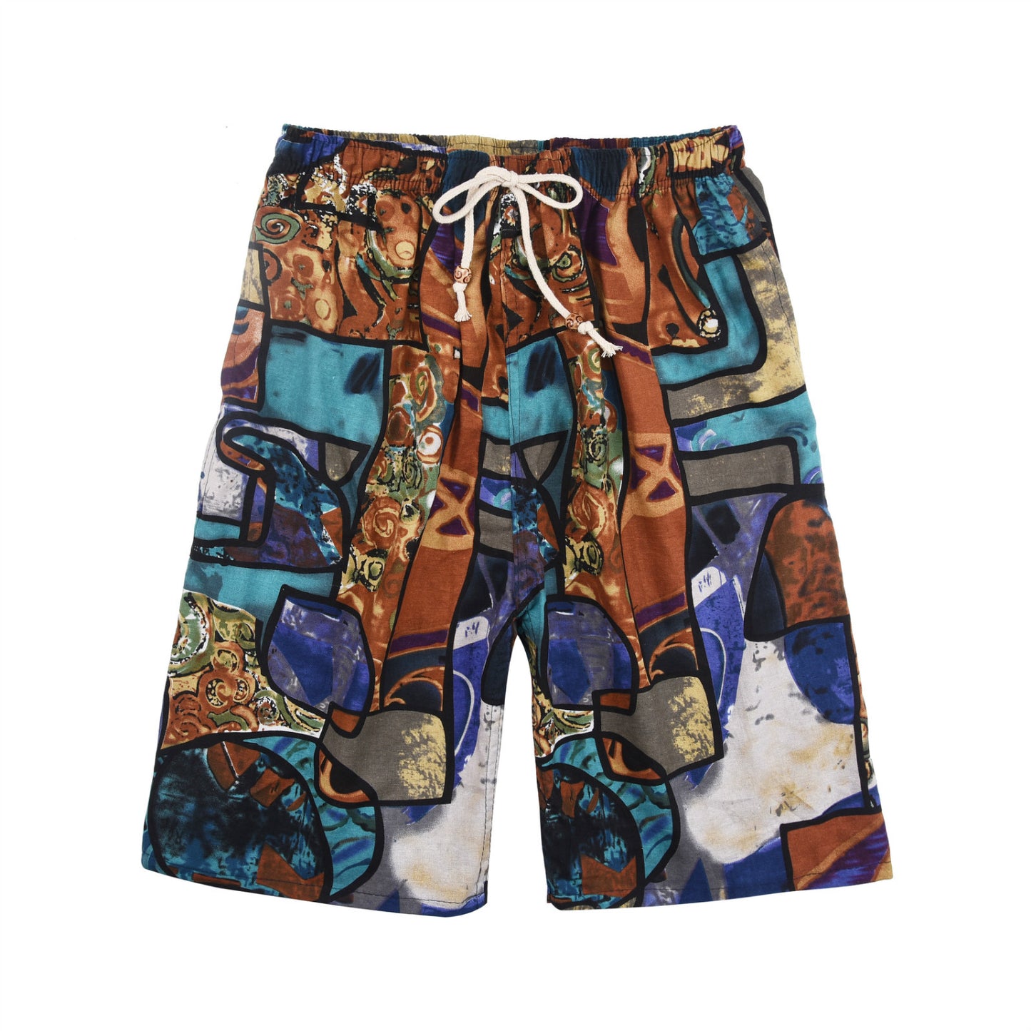 Summer new cotton and linen printed five-point men's beach pants casual sports loose plus size shorts men's thin fashion