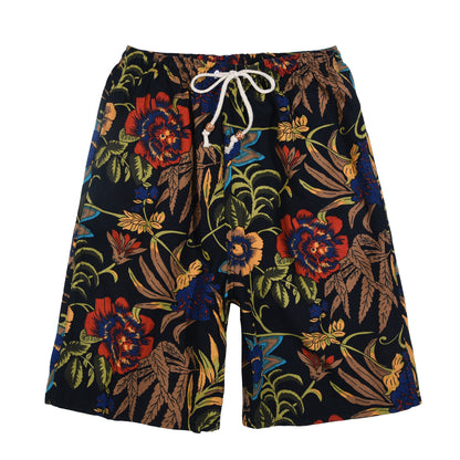 Summer new cotton and linen printed five-point men's beach pants casual sports loose plus size shorts men's thin fashion
