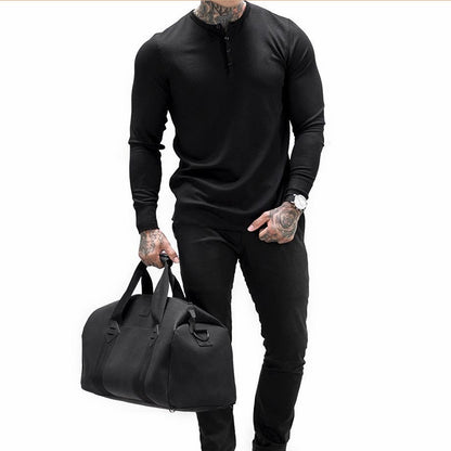 Muscle Fitness Men's Spring and Autumn Sports Leisure Running Breathable Sweat Absorbing Stretch Long Sleeve Button V Henry T-Shirt