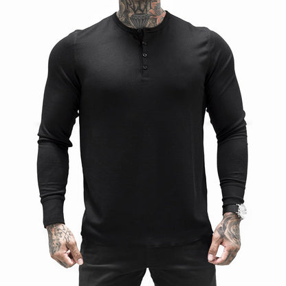 Muscle Fitness Men's Spring and Autumn Sports Leisure Running Breathable Sweat Absorbing Stretch Long Sleeve Button V Henry T-Shirt