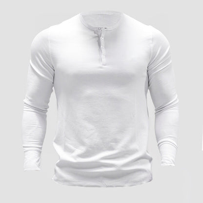 Muscle Fitness Men's Spring and Autumn Sports Leisure Running Breathable Sweat Absorbing Stretch Long Sleeve Button V Henry T-Shirt
