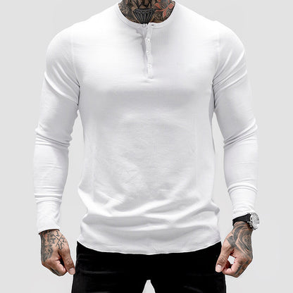 Muscle Fitness Men's Spring and Autumn Sports Leisure Running Breathable Sweat Absorbing Stretch Long Sleeve Button V Henry T-Shirt