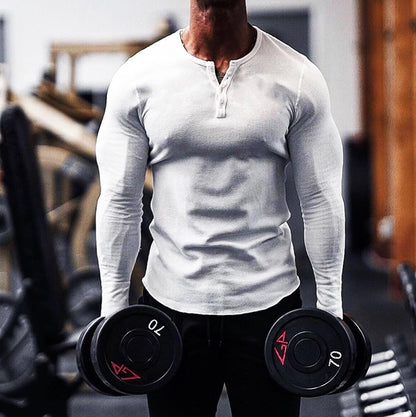 Muscle Fitness Men's Spring and Autumn Sports Leisure Running Breathable Sweat Absorbing Stretch Long Sleeve Button V Henry T-Shirt