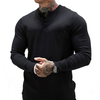 Muscle Fitness Men's Spring and Autumn Sports Leisure Running Breathable Sweat Absorbing Stretch Long Sleeve Button V Henry T-Shirt