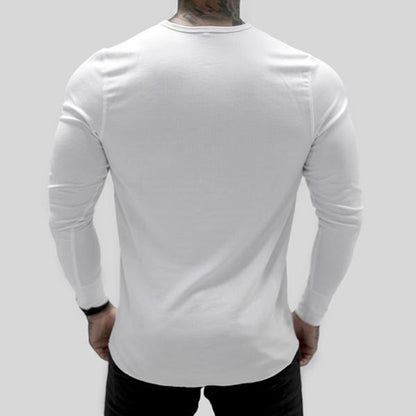 Muscle Fitness Men's Spring and Autumn Sports Leisure Running Breathable Sweat Absorbing Stretch Long Sleeve Button V Henry T-Shirt