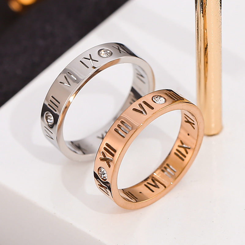European and American Hot Titanium Steel Full Diamond Zircon Ring 18k Rose Gold Index Finger Couple Ring Ins Simple Trendy Jewelry for Women