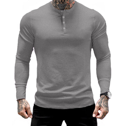 Muscle Fitness Men's Spring and Autumn Sports Leisure Running Breathable Sweat Absorbing Stretch Long Sleeve Button V Henry T-Shirt