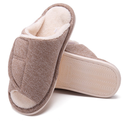 Men's and women's Velcro adjustable open slippers swollen feet non-slip open toe easy to clean indoor wool slippers