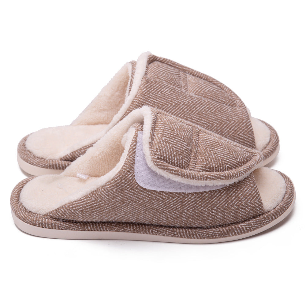 Men's and women's Velcro adjustable open slippers swollen feet non-slip open toe easy to clean indoor wool slippers