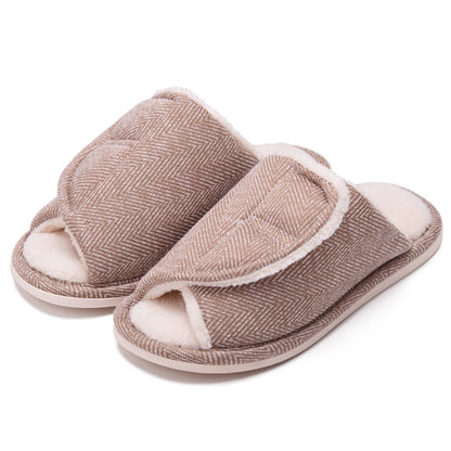 Men's and women's Velcro adjustable open slippers swollen feet non-slip open toe easy to clean indoor wool slippers