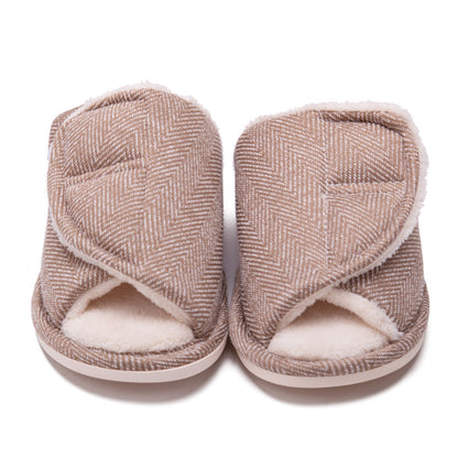 Men's and women's Velcro adjustable open slippers swollen feet non-slip open toe easy to clean indoor wool slippers
