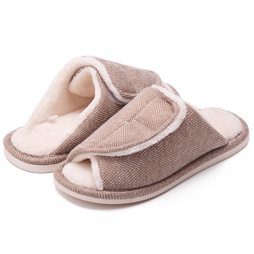Men's and women's Velcro adjustable open slippers swollen feet non-slip open toe easy to clean indoor wool slippers