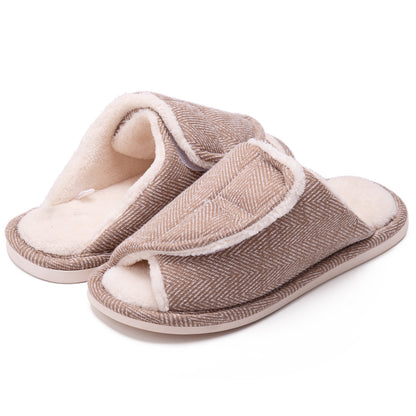 Men's and women's Velcro adjustable open slippers swollen feet non-slip open toe easy to clean indoor wool slippers