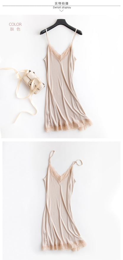Tangge Spring and Summer Mulberry Silk Loose V-neck Lace Silk Sling Nightdress Sexy Pajamas Silk Base Petticoat