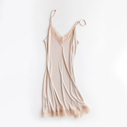 Tangge Spring and Summer Mulberry Silk Loose V-neck Lace Silk Sling Nightdress Sexy Pajamas Silk Base Petticoat