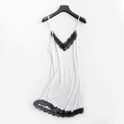 Tangge Spring and Summer Mulberry Silk Loose V-neck Lace Silk Sling Nightdress Sexy Pajamas Silk Base Petticoat