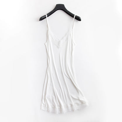Tangge Spring and Summer Mulberry Silk Loose V-neck Lace Silk Sling Nightdress Sexy Pajamas Silk Base Petticoat