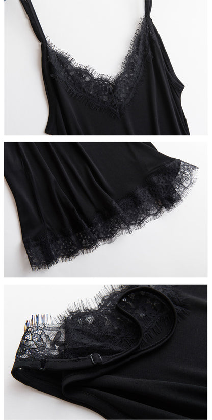 Tangge Spring and Summer Mulberry Silk Loose V-neck Lace Silk Sling Nightdress Sexy Pajamas Silk Base Petticoat