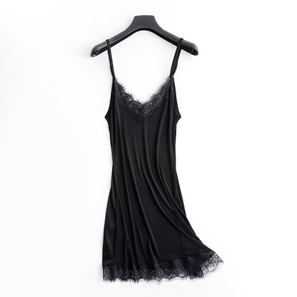 Tangge Spring and Summer Mulberry Silk Loose V-neck Lace Silk Sling Nightdress Sexy Pajamas Silk Base Petticoat