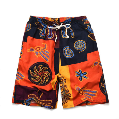 Summer new cotton and linen printed five-point men's beach pants casual sports loose plus size shorts men's thin fashion