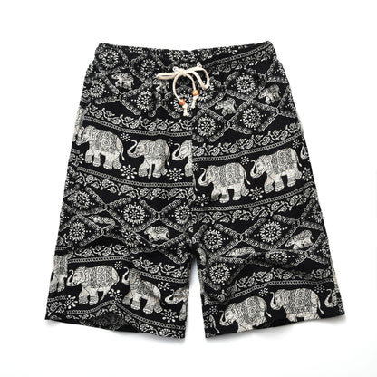 Summer new cotton and linen printed five-point men's beach pants casual sports loose plus size shorts men's thin fashion