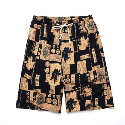 Summer new cotton and linen printed five-point men's beach pants casual sports loose plus size shorts men's thin fashion