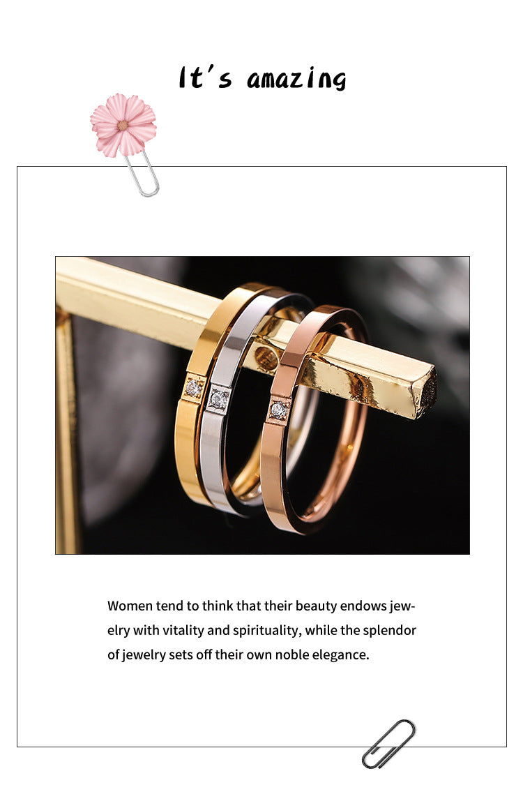 Wish Elegant Korean Style Simple Titanium Steel Ring Women's Diamond Stainless Steel Ring Couple's Fashion Internet Celebrity Ring