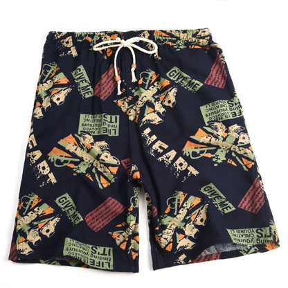 Summer new cotton and linen printed five-point men's beach pants casual sports loose plus size shorts men's thin fashion