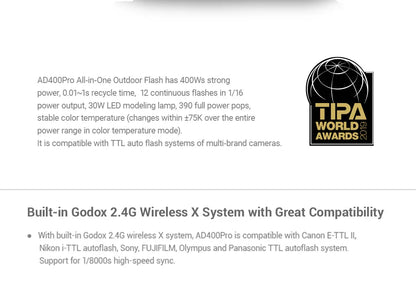 Godox AD400Pro 400Ws GN72 TTL 1/8000s HSS 2.4G X System Witstro All-in-One Outdoor Flash for Camera Photography Sony Nikon Canon
