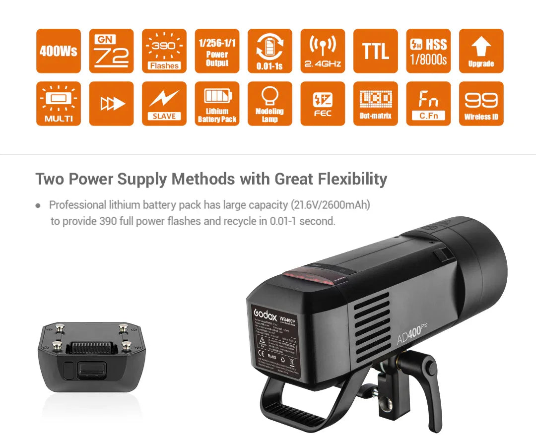 Godox AD400Pro 400Ws GN72 TTL 1/8000s HSS 2.4G X System Witstro All-in-One Outdoor Flash for Camera Photography Sony Nikon Canon