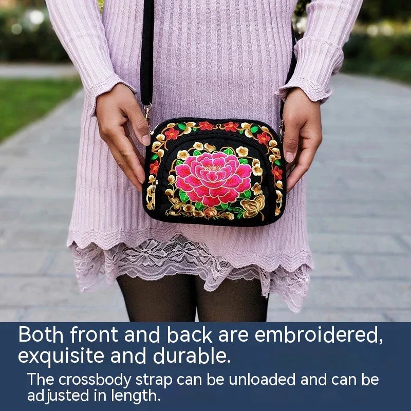 Vibrant Floral Embroidered Crossbody Bag for Women - Lightweight, Double-Sided Design with Detachable Strap, Zipper Closure, and Phone Pocket - Perfect for Casual Outings, Travel Accessory | Vibrant Pattern Bag | Coin Purse