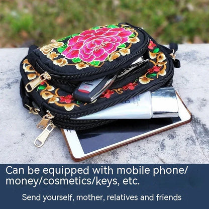 Vibrant Floral Embroidered Crossbody Bag for Women - Lightweight, Double-Sided Design with Detachable Strap, Zipper Closure, and Phone Pocket - Perfect for Casual Outings, Travel Accessory | Vibrant Pattern Bag | Coin Purse