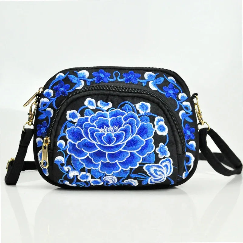 Vibrant Floral Embroidered Crossbody Bag for Women - Lightweight, Double-Sided Design with Detachable Strap, Zipper Closure, and Phone Pocket - Perfect for Casual Outings, Travel Accessory | Vibrant Pattern Bag | Coin Purse