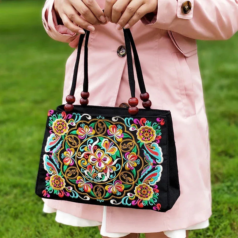 Women's Embroidered Handbag - Double Zipper, Printed Design, Stylish and Spacious