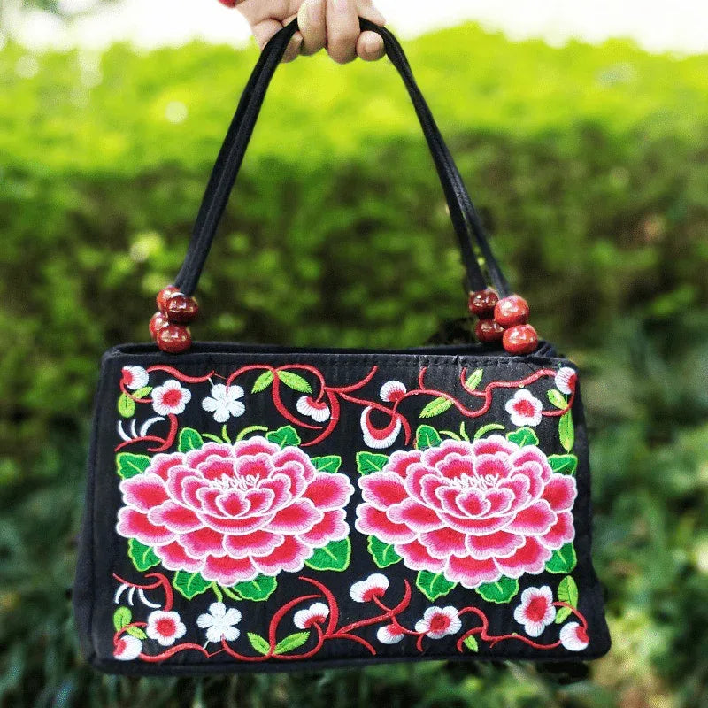 Women's Embroidered Handbag - Double Zipper, Printed Design, Stylish and Spacious