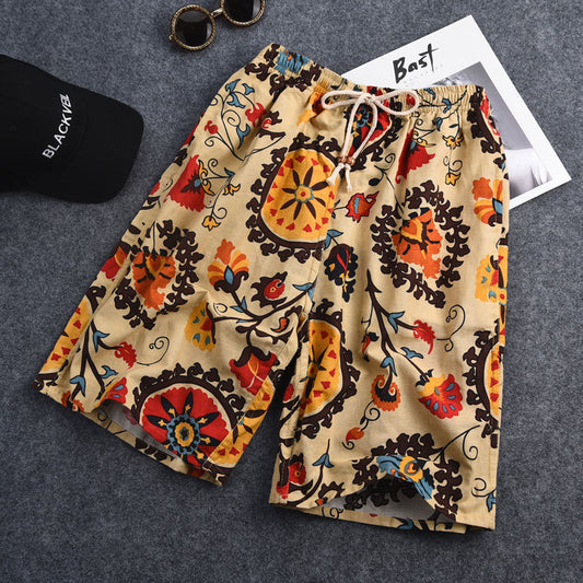 Summer new cotton and linen printed five-point men's beach pants casual sports loose plus size shorts men's thin fashion