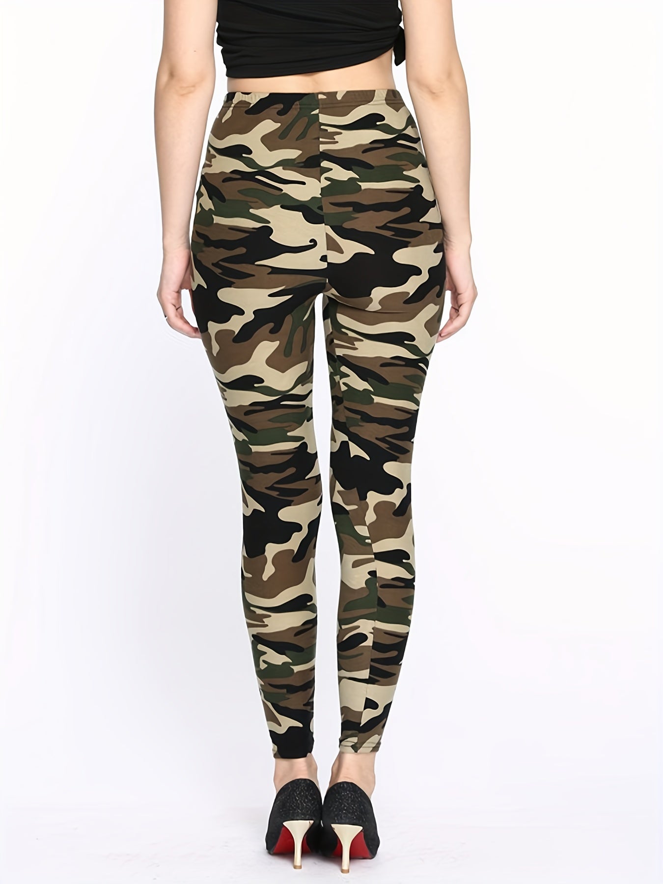 Camouflage Gray-Green Women's Casual Leggings, Cropped Length