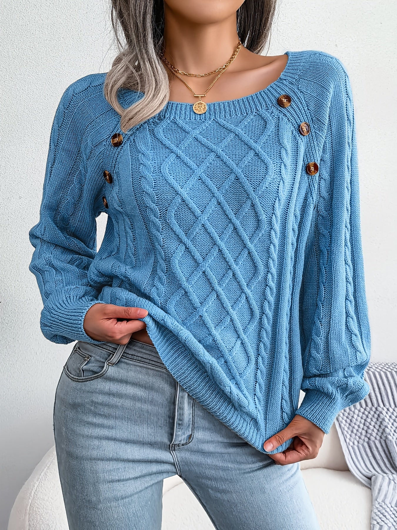 Autumn/Winter European and American Casual Solid Color Square Neck Button Twist Long Sleeve Pullover Sweater