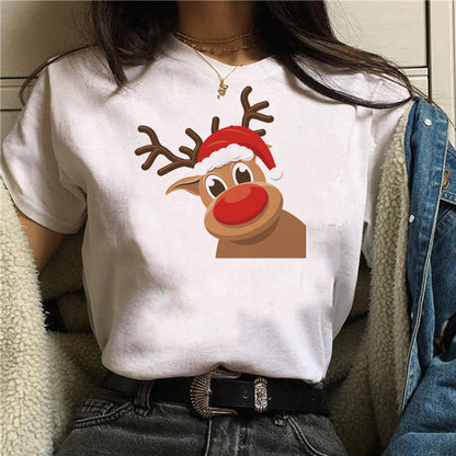 Short Sleeve Christmas T-shirt Christmas cute dog Christmas hat printed short sleeve top T-shirt