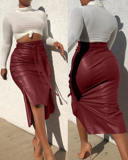 Cross-border foreign trade European and American leather skirt Amazon women's clothing hot sale split slim mid-length hip half PU skirt generation hair