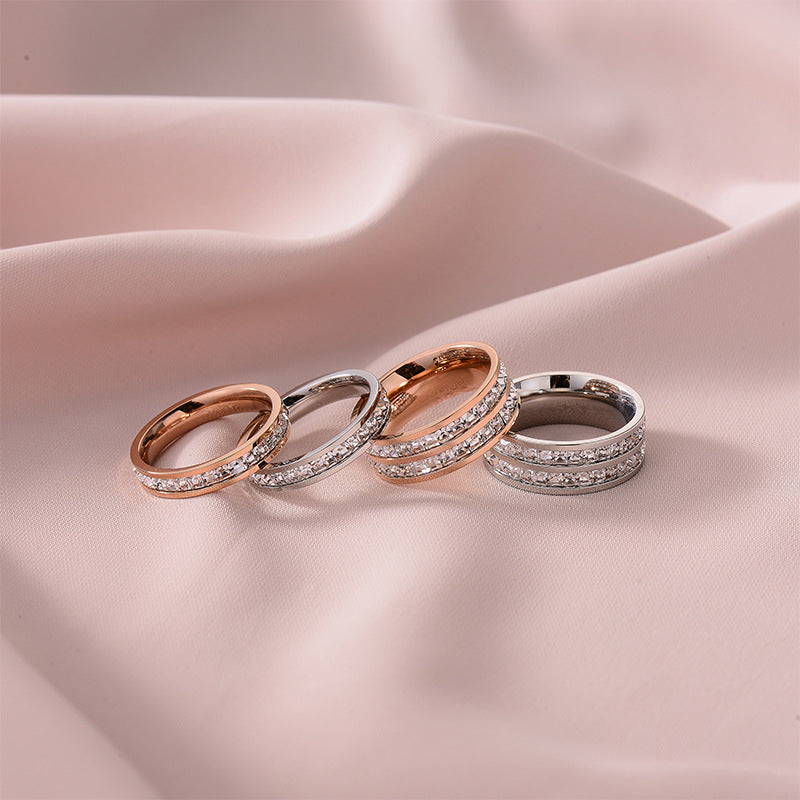 European and American Hot Titanium Steel Full Diamond Zircon Ring 18k Rose Gold Index Finger Couple Ring Ins Simple Trendy Jewelry for Women