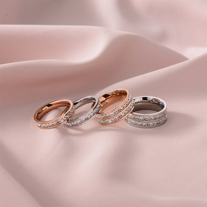 European and American Hot Titanium Steel Full Diamond Zircon Ring 18k Rose Gold Index Finger Couple Ring Ins Simple Trendy Jewelry for Women
