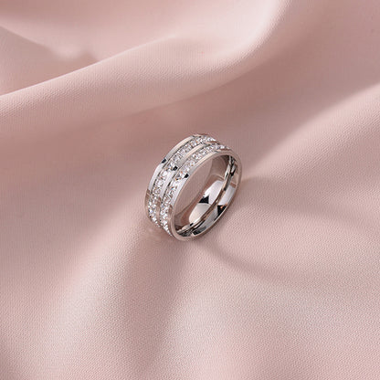 European and American Hot Titanium Steel Full Diamond Zircon Ring 18k Rose Gold Index Finger Couple Ring Ins Simple Trendy Jewelry for Women
