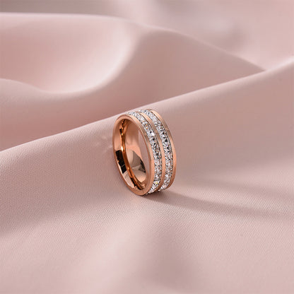 European and American Hot Titanium Steel Full Diamond Zircon Ring 18k Rose Gold Index Finger Couple Ring Ins Simple Trendy Jewelry for Women