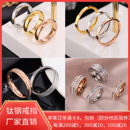 European and American Hot Titanium Steel Full Diamond Zircon Ring 18k Rose Gold Index Finger Couple Ring Ins Simple Trendy Jewelry for Women