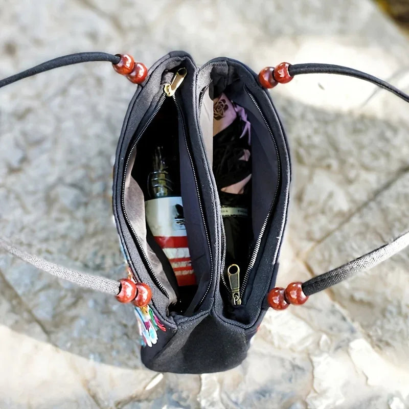 Women's Embroidered Handbag - Double Zipper, Printed Design, Stylish and Spacious